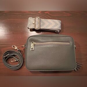 Pom Pom London City Bag Leather in Taupe with Silver Chevron strap.